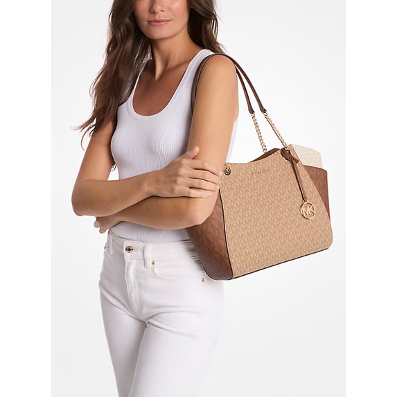 Michael Kors Women's Jet Set Large Color-Block Signature Logo Tote Bag (CamelMulti)