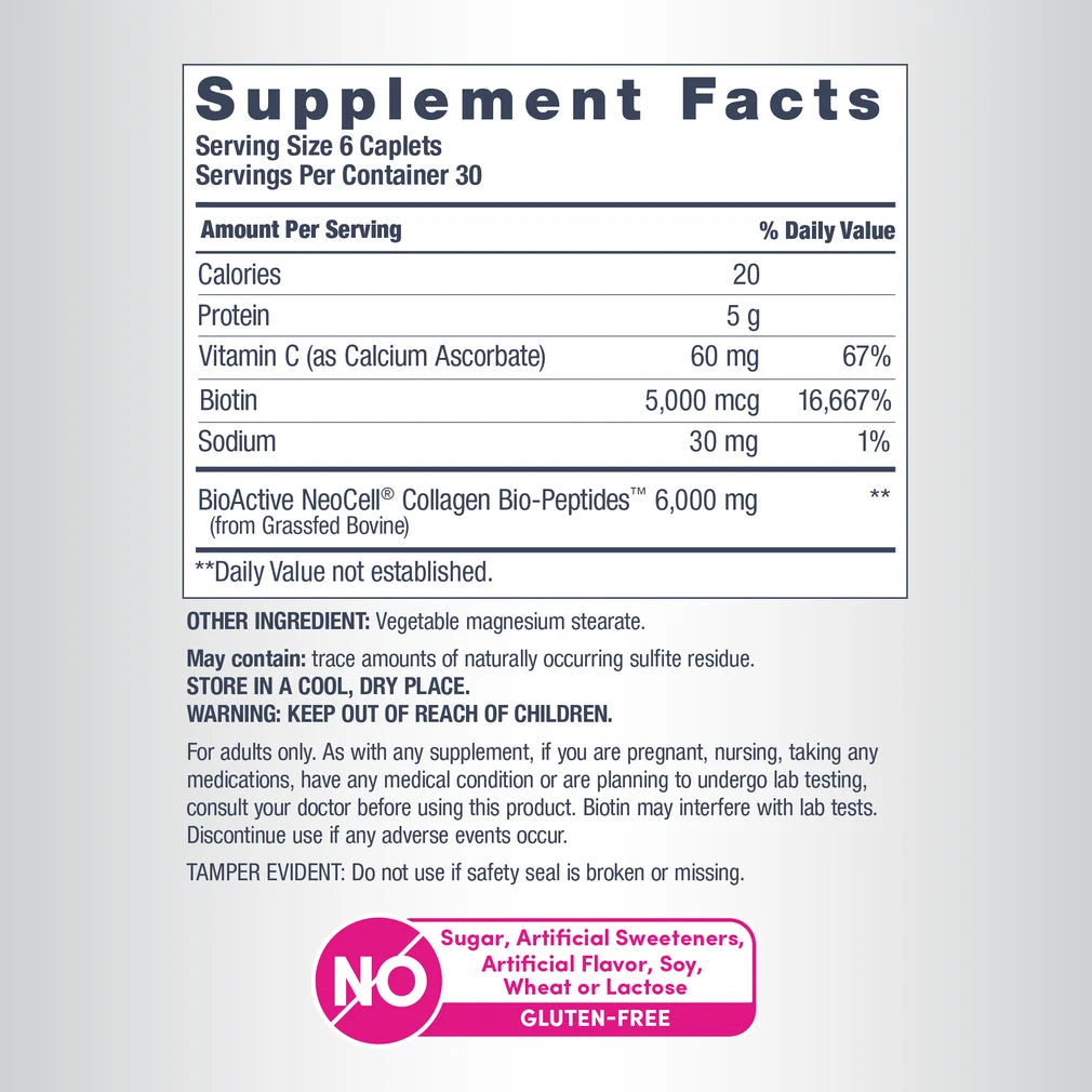 NeoCell Grassfed Collagen Peptides + C & Biotin, 6000 mg, 180 Caplets
