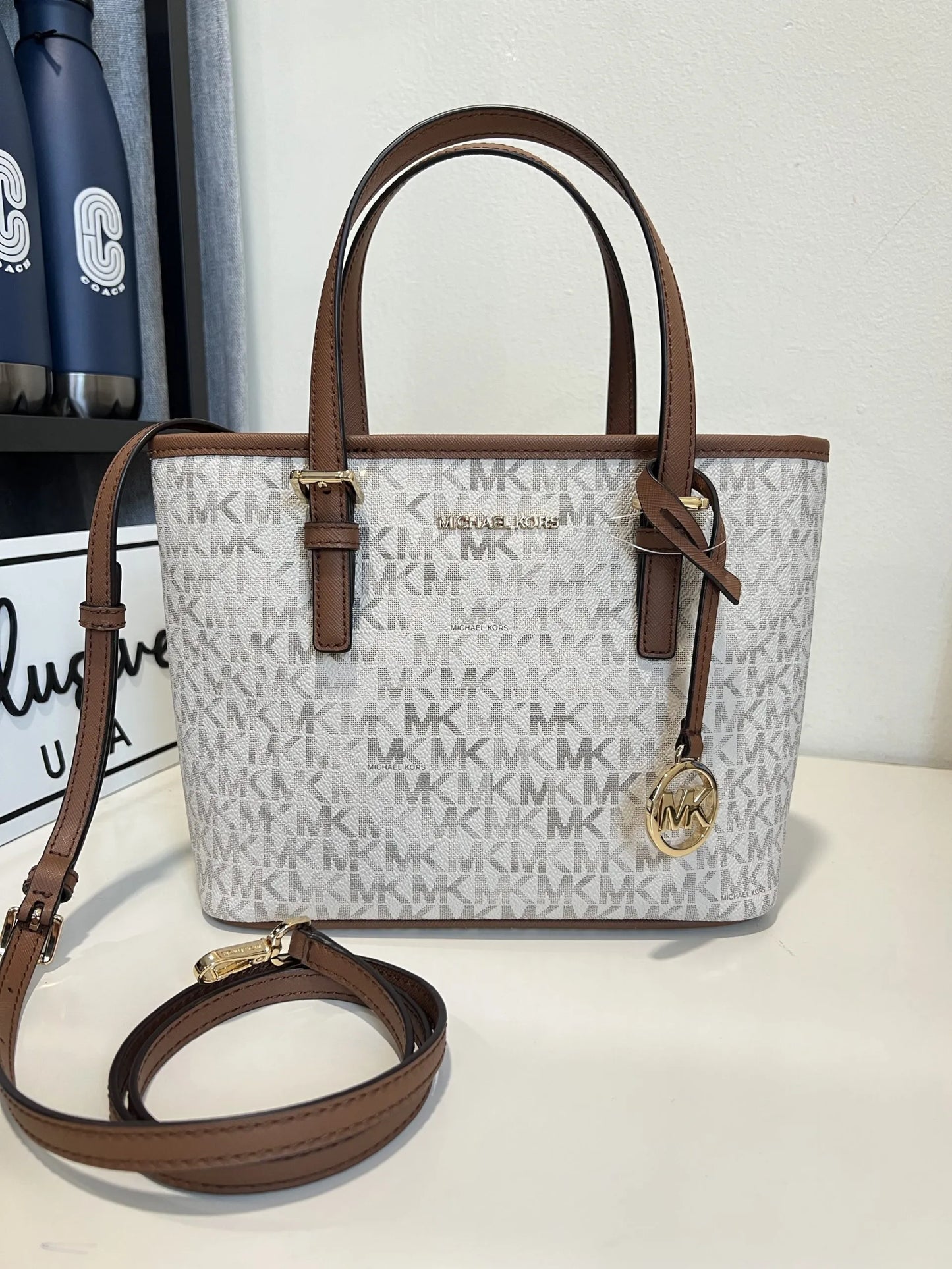 Michael Kors Jet Set Travel XS Carryall Convertible TZ Tote in Signature Vanilla/ Brown