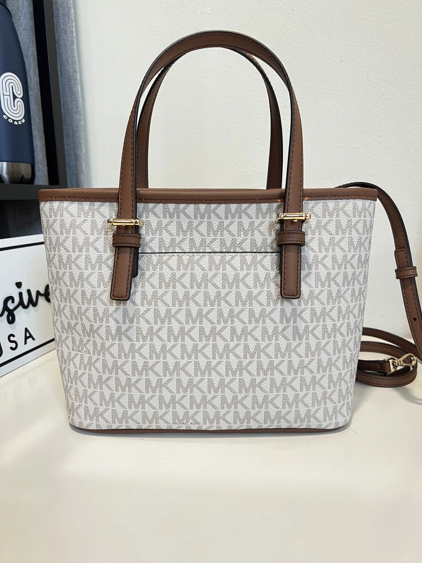 Michael Kors Jet Set Travel XS Carryall Convertible TZ Tote in Signature Vanilla/ Brown